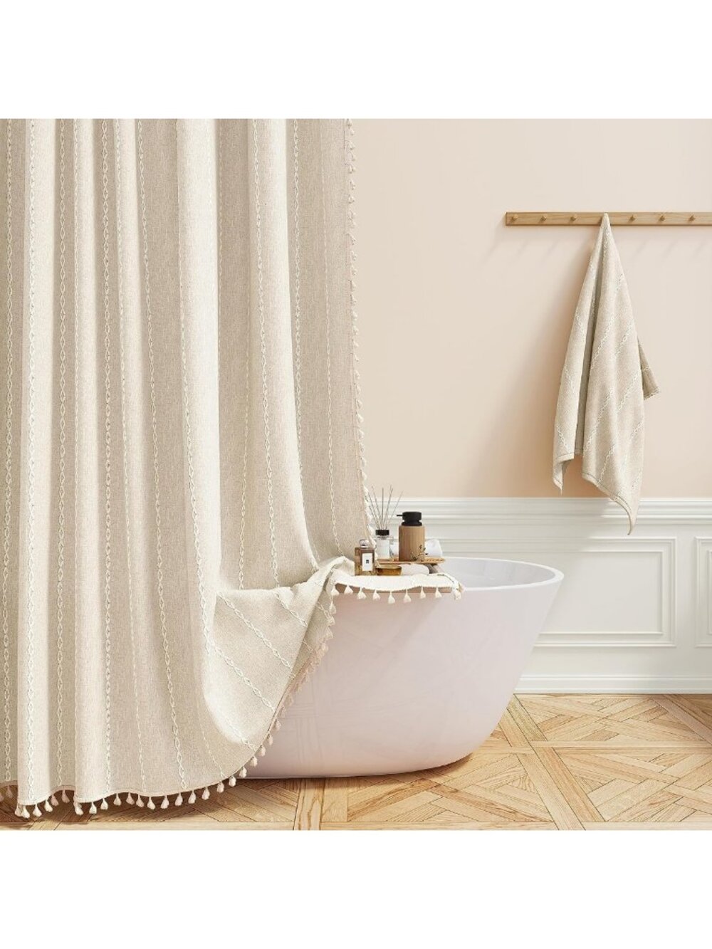 Cream Boho Farmhouse Linen Shower Curtain Set, Heavy Duty, 72x72, Beige Decor